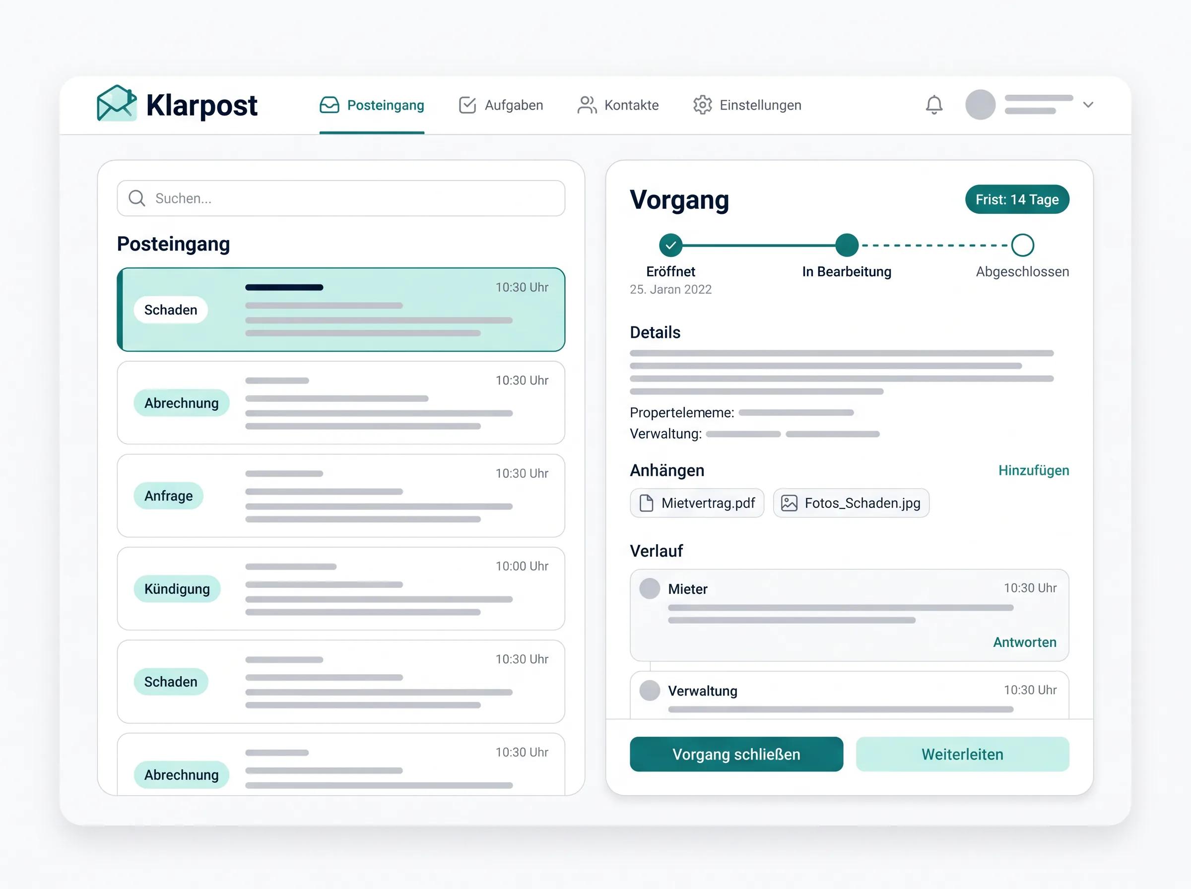 Klarpost-Posteingang: Mails werden automatisch kategorisiert und einem Vorgang mit Frist zugeordnet